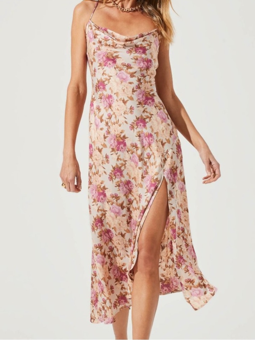 ASTR the Label Gaia in Taupe Fuchsia Floral Midi Dress size XS